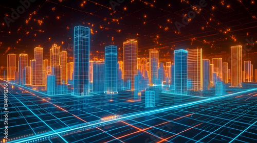 Obraz na płótnie Digital Cityscape with Blue and Orange Building Outlines w salonie