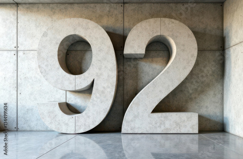 Number ninety two made of concrete standing in a concrete room