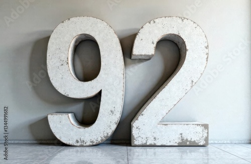 Number ninety two made of concrete standing on marble floor