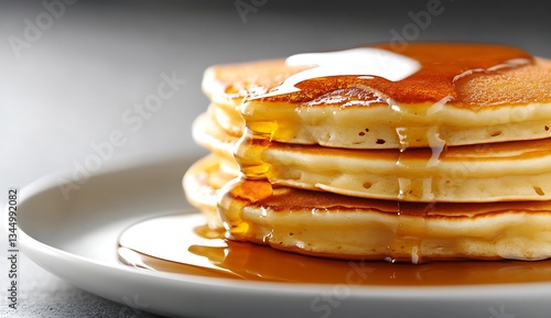 A stack of pancakes with syrup, isolated on a white background