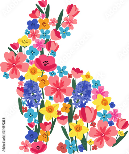 silhouette of easter bunny with spring flowers tulips daffodils hyacinth design. festive illustration with bright floral pattern on white background. isolated animal art
