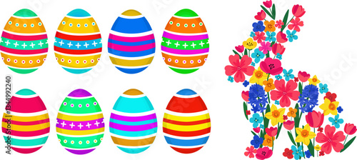 isolated easter vector elements floral bunny and colorful eggs. spring holiday illustration with flowers and painted eggs on white background