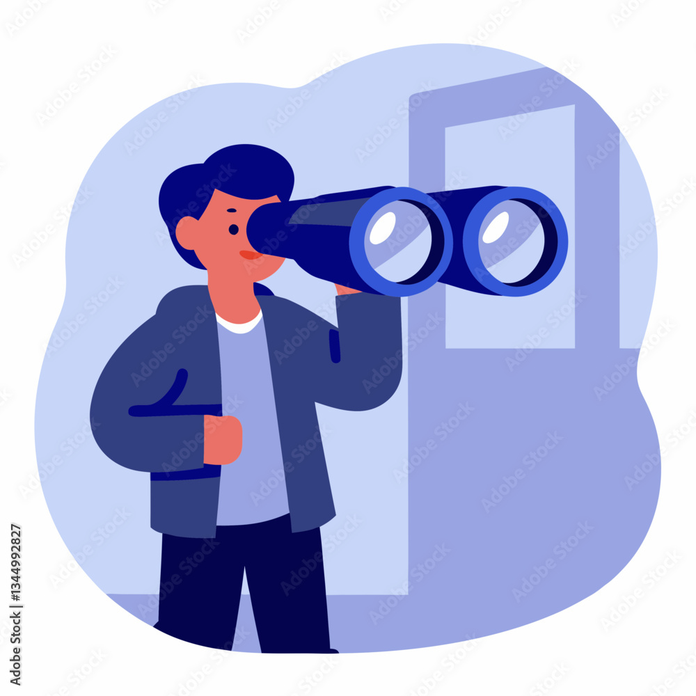 Boy looking through binoculars indoors against a light background Boy looking through binoculars indoors against a light background