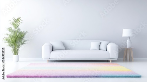 Modern minimalist living room with a colorful rug