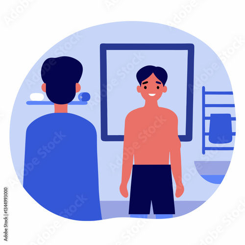 Man admiring reflection in mirror in a bathroom setting  