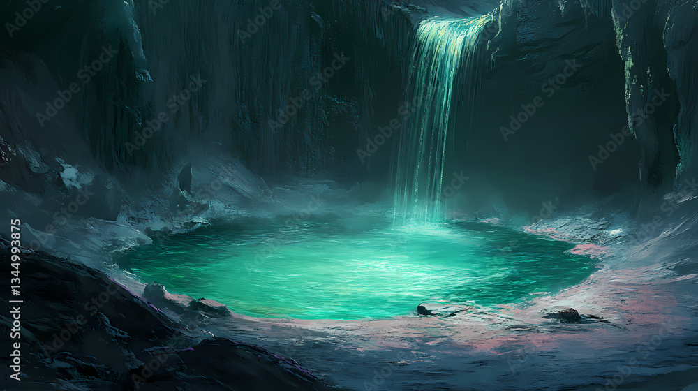 Naklejka premium Emerald pool nestled within ancient volcanic landscape, nature scenes, waterfall, laser beam effects. volcanic glow. illustration. Ancient Volcanic. Illustration