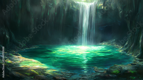 Wallpaper Mural Emerald pool nestled within ancient volcanic landscape, nature scenes, waterfall, laser beam effects. volcanic glow. illustration. Ancient Volcanic. Illustration Torontodigital.ca