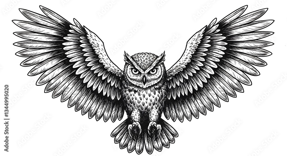 Obraz premium Majestic Great Horned Owl in Flight: A Black and White Ink Drawing