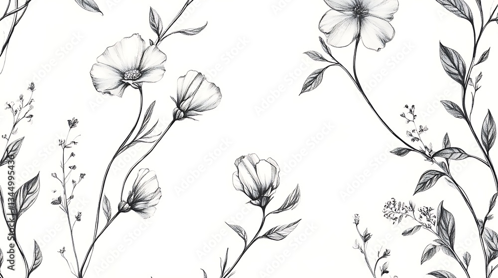 Fototapeta premium Botanical elements and vintage floral illustration in monochrome style high resolution picture