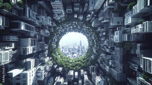 A futuristic cityscape with a green tunnel leading towards buildings