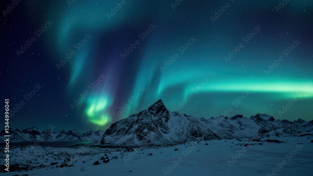 A stunning view of the aurora borealis over snow-capped mountains.
