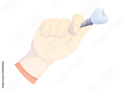 Cartoon Illustration of a gloved doctor hand holding dental implant. Medical vector depicting a titanium tooth with a ceramic crown. Dentistry, oral surgery, and prosthodontics concept.
