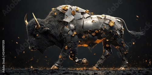 An artistic depiction of a buffalo with metallic and golden elements