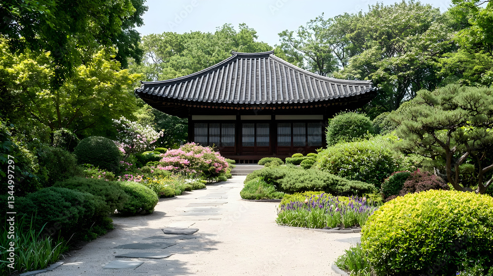 Japanese Pavilion in a Lush Green Garden Pathway Leading to Wooden Building Surrounded by Trees and Flowering Plants on a Sunny Day Japanese Pavilion in a Lush Green Garden Pathway Leading to Wooden Building Surrounded by Trees and Flowering Plants on a Sunny Day