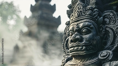 Balinese temple guardian statue, misty morning, intricate carvings, cultural heritage