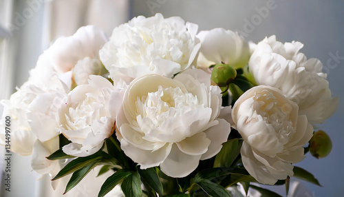 Fototapeta Naklejka Na Ścianę i Meble -  Bouquet of beautiful peonies. White peony flowers. Close-up of flower petals. Floral wallpaper. Delicate abstract floral pastel background. Greeting card. Generated AI