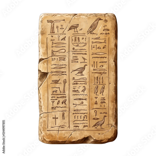 Egyptian stone tablet with hieroglyphs, ancient script, isolated on transparent background