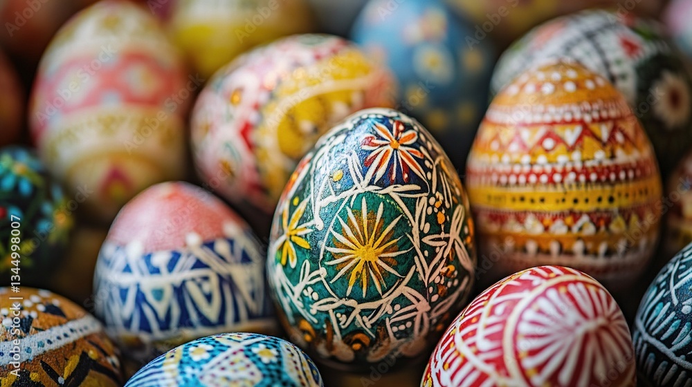 Close-Up of Intricately Decorated Easter Eggs in Vibrant Colors Close-Up of Intricately Decorated Easter Eggs in Vibrant Colors