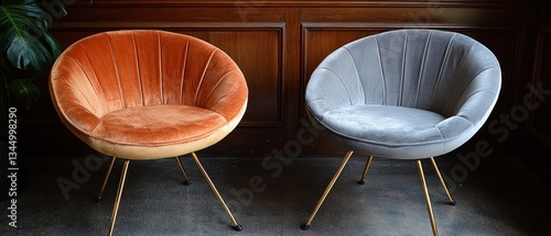 Two modern chairs in complementary colors next to wood paneling