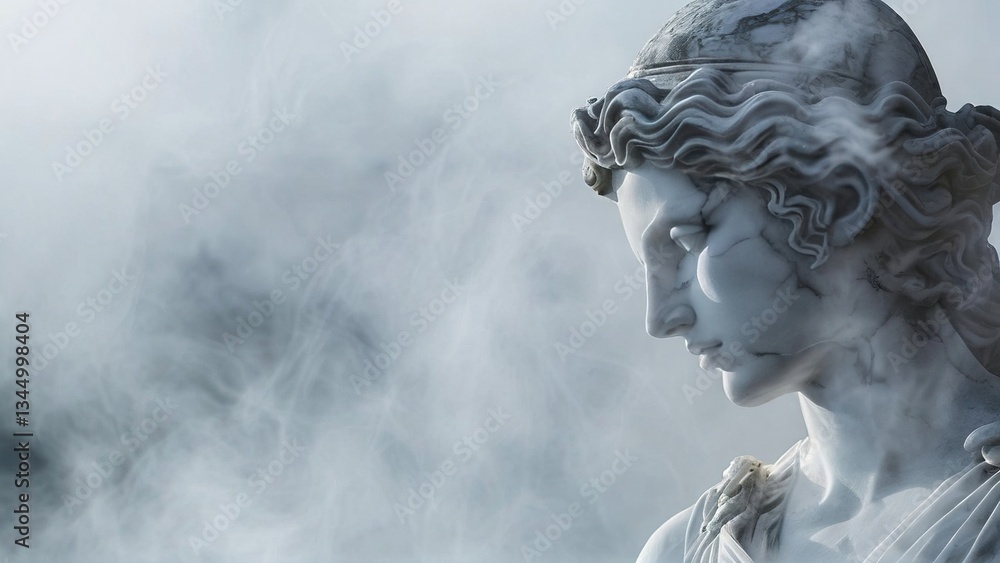 Grecian statue, misty background, thoughtful pose, artistic concept