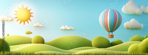 A whimsical hot air balloon floats over a cartoonish landscape of rolling green hills, fluffy clouds, and a bright sun. A delightful scene of carefree adventure and joy