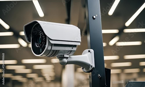 A close-up of a mounted white security camera inside a modern building.