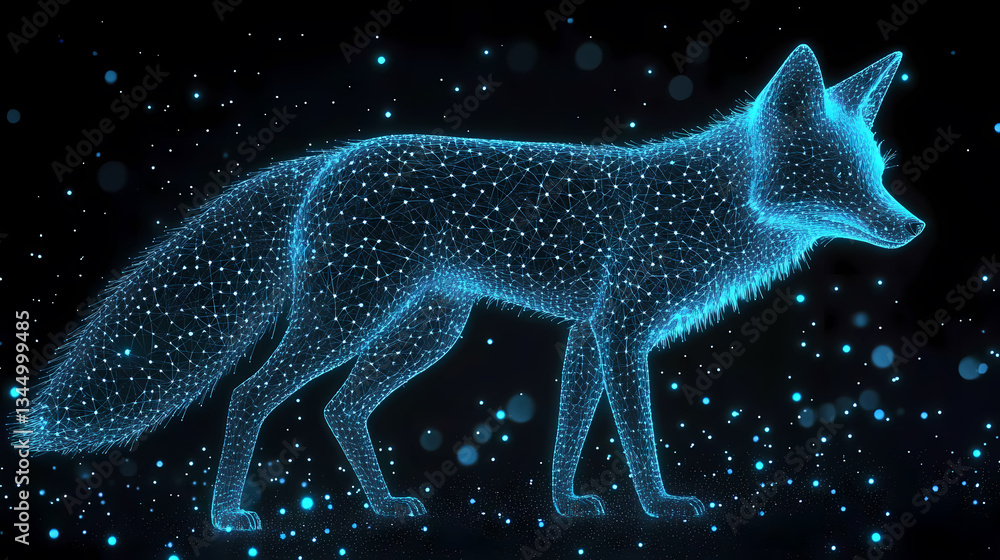 Blue Fox Outline with Glowing Points and Lines on Dark Background