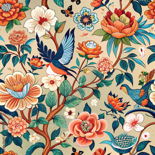 Serene Chinoiserie Peony Paradise: A Seamless Floral Pattern