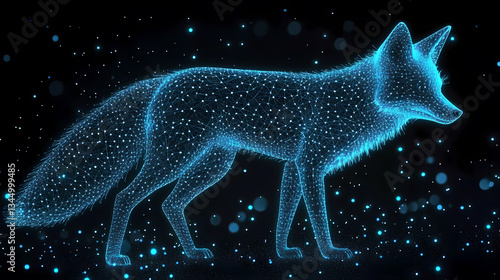 Obraz na płótnie Blue Fox Outline with Glowing Points and Lines on Dark Background w salonie