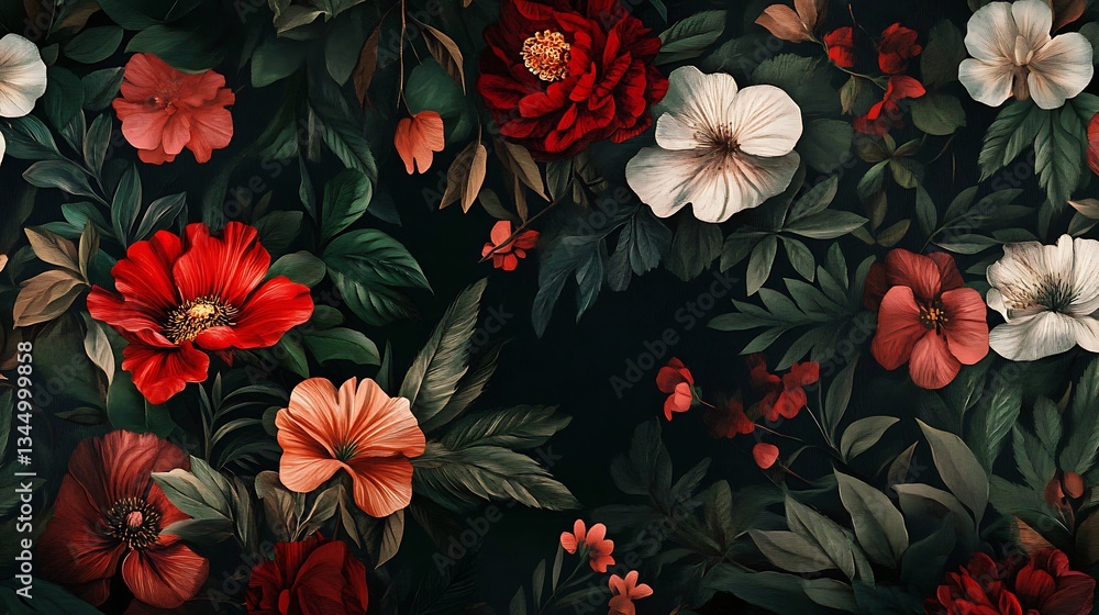 Floral pattern with red and white blooms dark foliage high resolution picture Floral pattern with red and white blooms dark foliage high resolution picture
