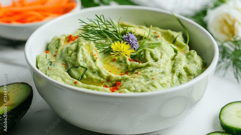 Chilled cucumber avocado soup with a creamy texture served in a white bowl garnished with fresh dill and edible flowers for a light summer appetizer. Chilled cucumber avocado soup with a creamy texture served in a white bowl garnished with fresh dill and edible flowers for a light summer appetizer.