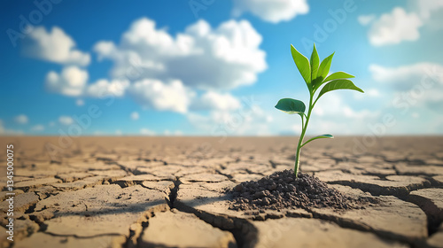 Obraz na płótnie Green Sprout Growing on Cracked Ground under Blue Sky w salonie
