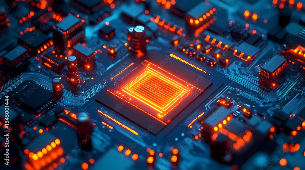 Close-Up of Circuit Board with Glowing Processor