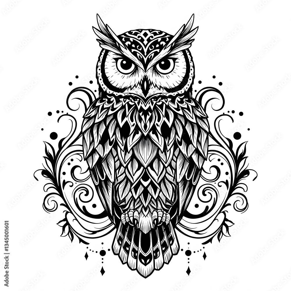 Obraz premium Ornate Mandala Owl: A Majestic Black and White Illustration