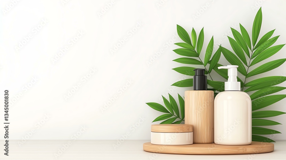 Fototapeta premium Eco-friendly packaging Natural skincare products arranged with green leaves on a minimalist background.