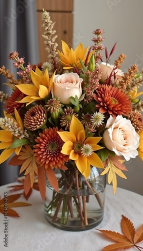 Autumn flower bouquet overflowing with vibrant colors in glass vase  