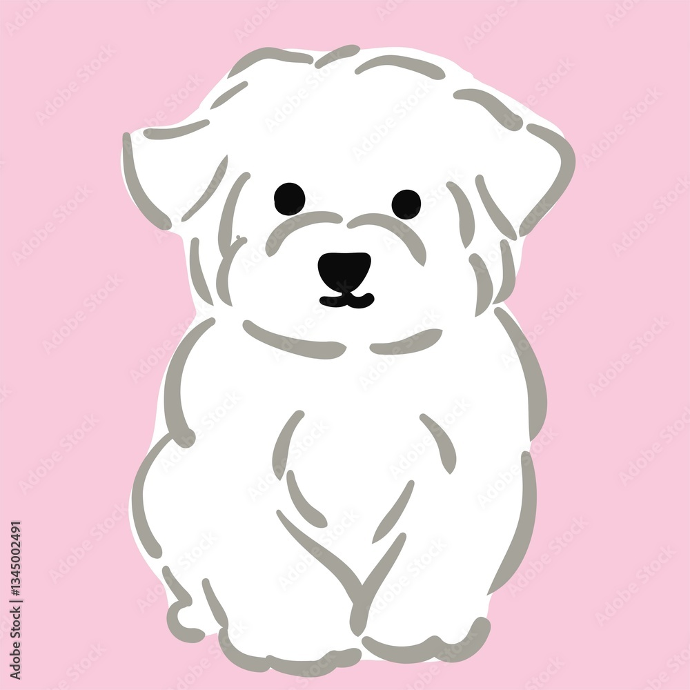 Fototapeta premium Cute Fluffy White Puppy Illustration on Pink Background – Hand Drawn Cartoon Maltese Dog