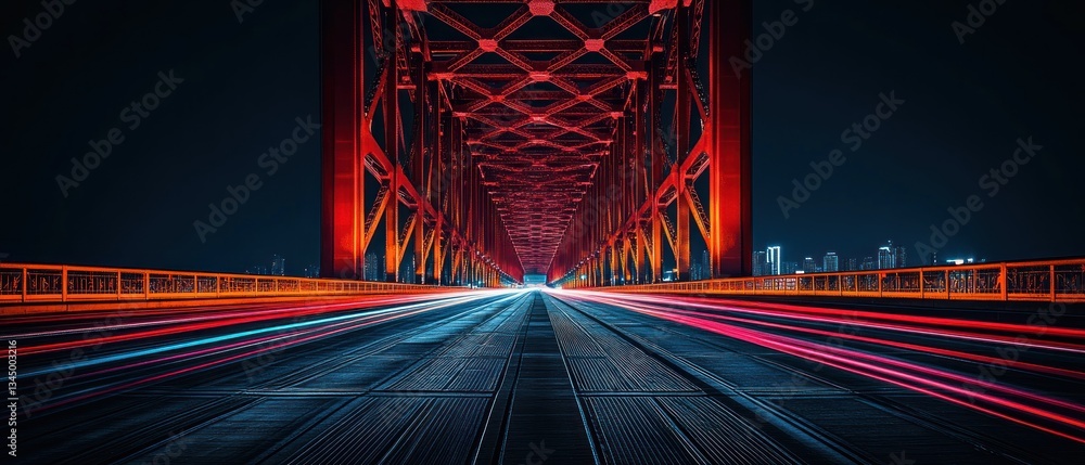 Obraz premium A Red Lit Bridge At Night With Light Streaks Present