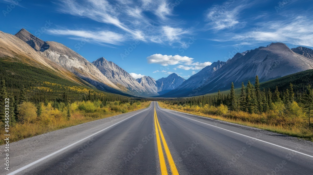 Fototapeta premium Scenic highway through autumnal mountain valley. Travel, adventure, freedom concept