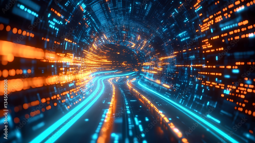 Futuristic Tunnel with Data Streams and Particles