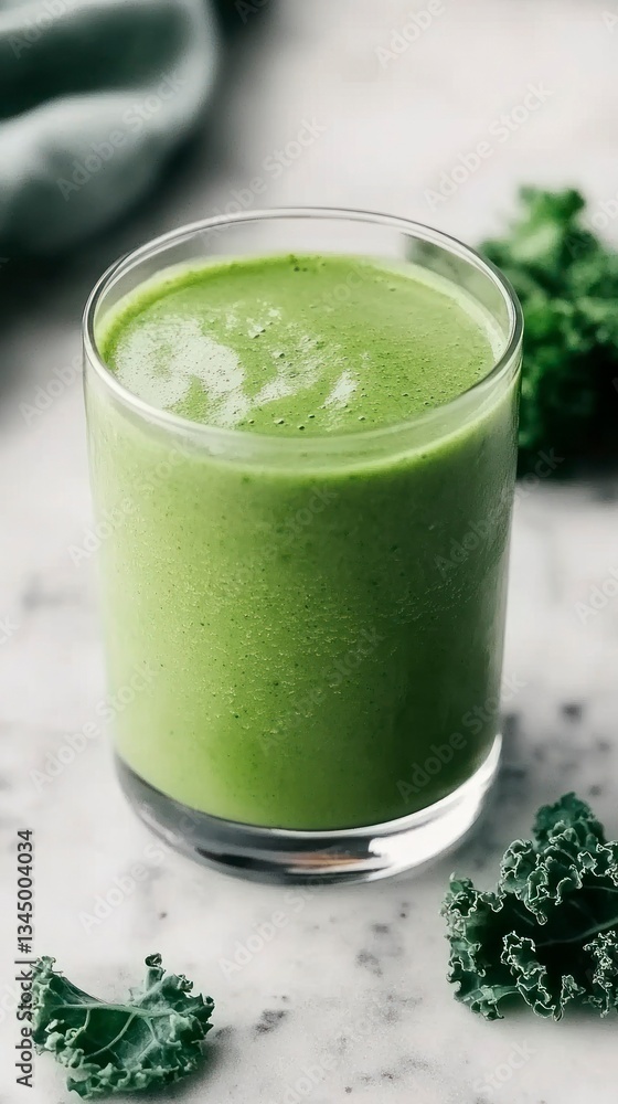 A refreshing green smoothie made from kale and other leafy greens sits in a clear glass. This vibrant drink highlights the importance of healthy eating and nutrition on World Health Day A refreshing green smoothie made from kale and other leafy greens sits in a clear glass. This vibrant drink highlights the importance of healthy eating and nutrition on World Health Day