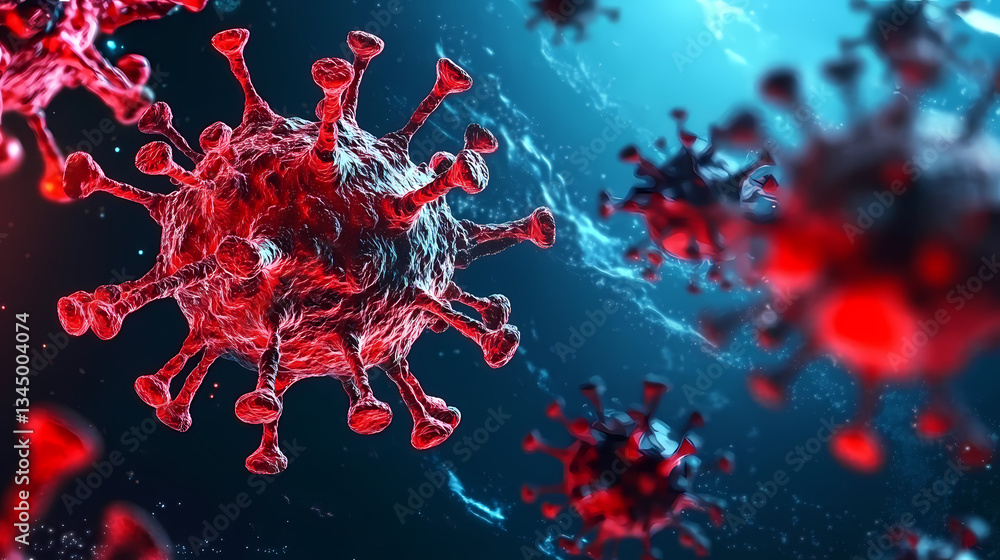 Virus Cells Under Microscope with Red and Blue Tones