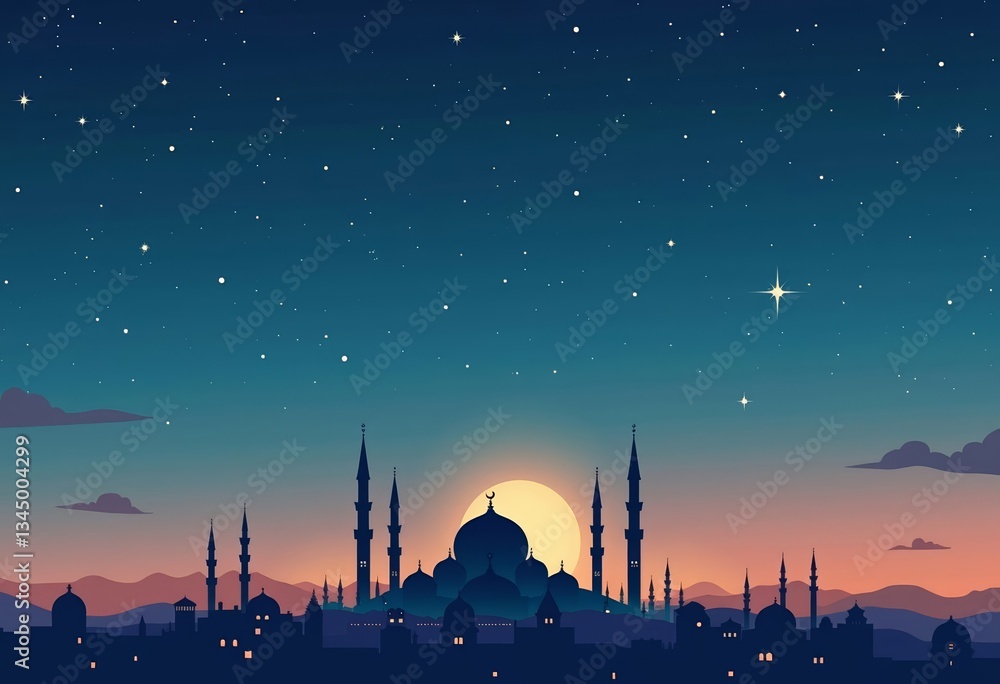 Fototapeta premium Serene cityscape under starry night sky with minarets, spiritual calmness