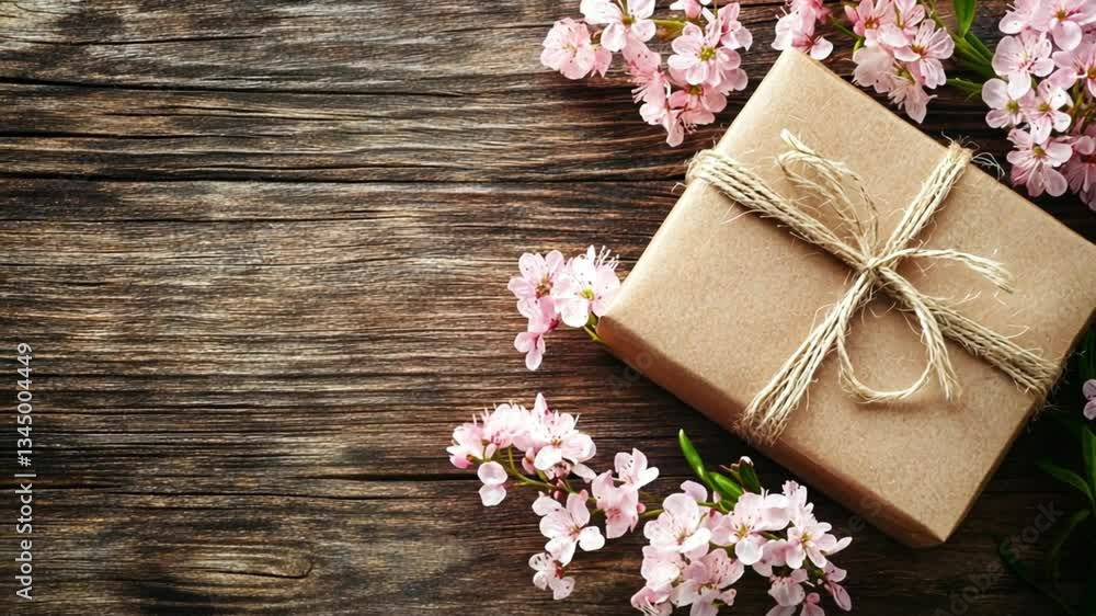 Gift box wrapped with twine surrounded by pink blossoms Gift box wrapped with twine surrounded by pink blossoms