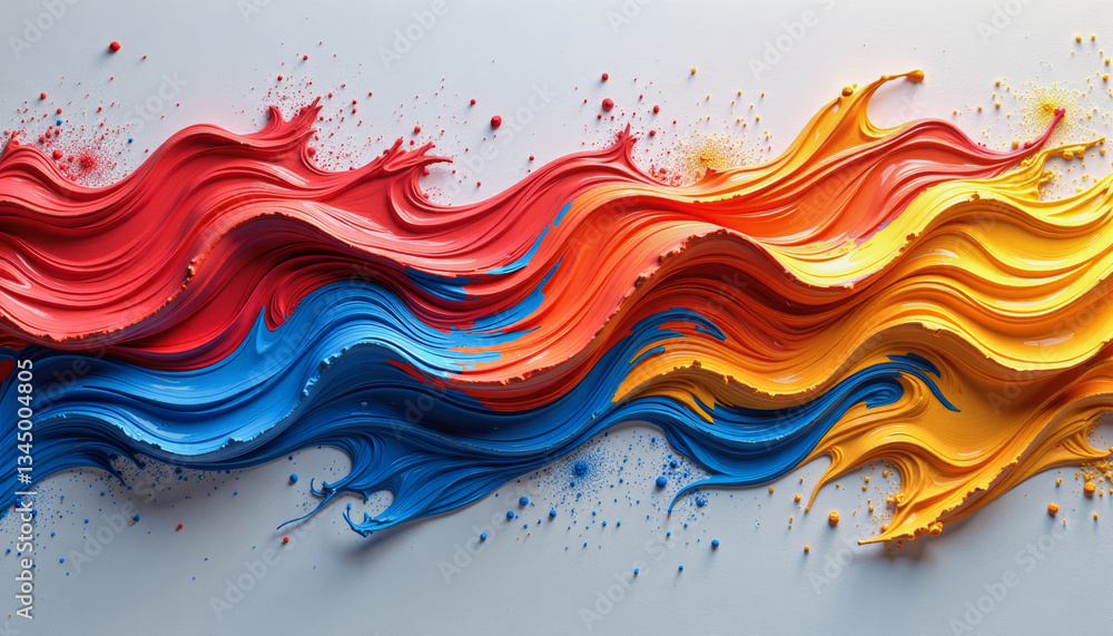 Swirling waves of red, yellow, and blue paint dramatically burst across a white surface, creating a vibrant and dynamic abstract composition. Graphical resource for design and downstream advertis Swirling waves of red, yellow, and blue paint dramatically burst across a white surface, creating a vibrant and dynamic abstract composition. Graphical resource for design and downstream advertis