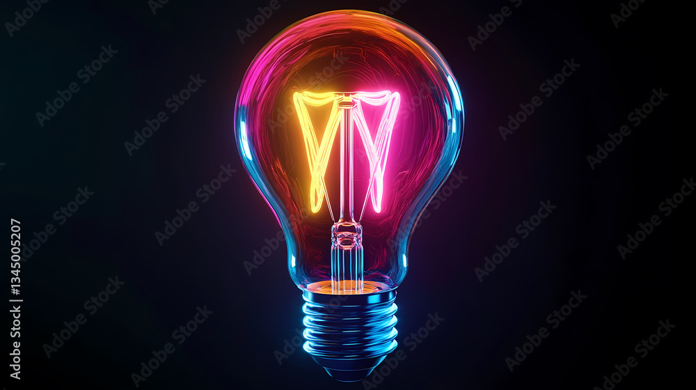 Colorful Glowing Light Bulb on Black Background