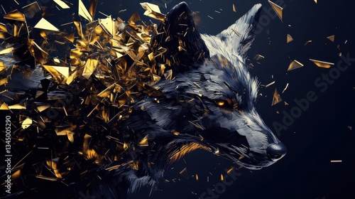 A stylized digital artwork depicting a metallic wolf head