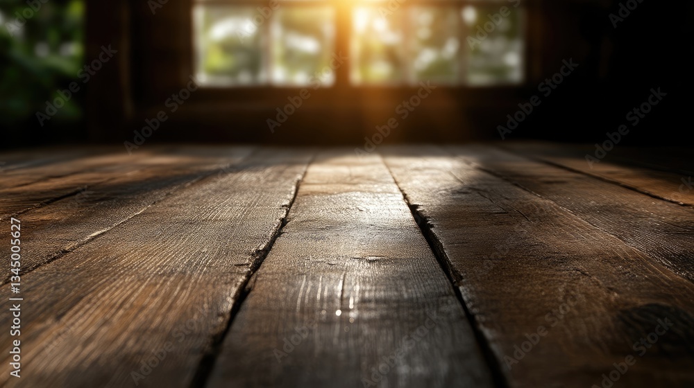 Rustic wooden table in front of a window. Sunlight streams through, illuminating the wood grain Rustic wooden table in front of a window. Sunlight streams through, illuminating the wood grain