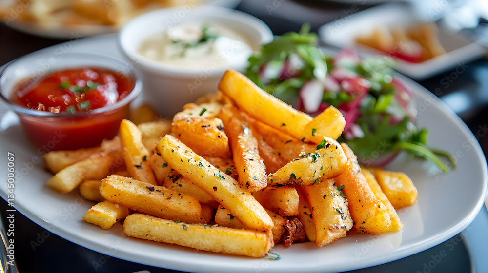 Seasoned french fries with dipping sauces. Seasoned french fries with dipping sauces.