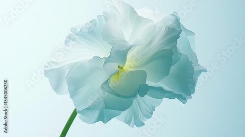   A high-resolution image of a white flower on a light blue background, featuring a green stem and a clear blue sky behind